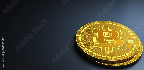 two gold bitcoins laying on reflective surface, 3d Rendering photo