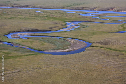 Tundra landscape in summer, Taymyr peninsula, aerial view