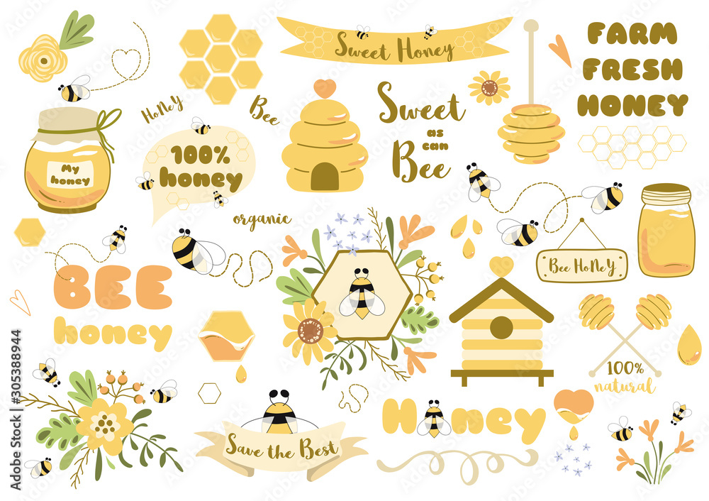 Obraz na płótnie Bees set honey clipart Hand drawn bee honey elements Hive honeycomb pot beekeepi