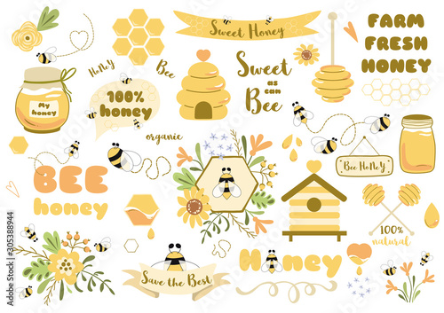 Valokuva Bees set honey clipart Hand drawn bee honey elements Hive honeycomb pot beekeepi