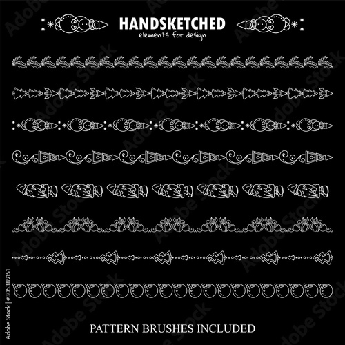 Vector set of pattern brushes or dividers. Abstract pine trees, Santa Klaus, Christmas toys and ornate arrows. Black and white chalkboard art. Brushes included