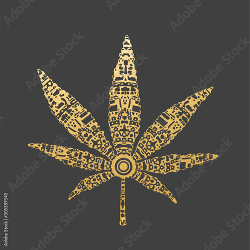 Golden Mandala Cannabis Leaf. Ornamental Decoration.
