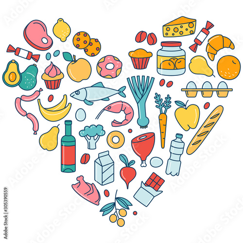 Grocery supermarket goods pattern store food, drinks, vegetables, fruits, fish, meat, dairy, sweets
