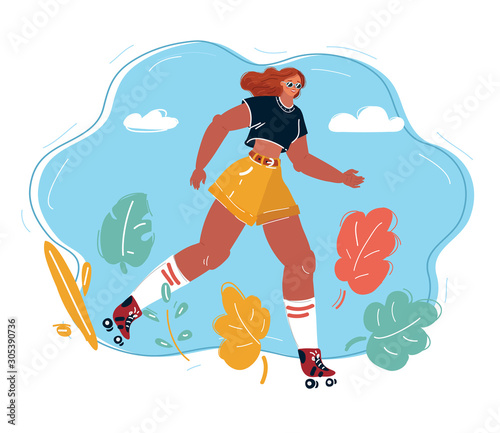 Rollerskate woman on blue background.