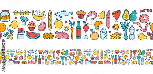 Seamless pattern supermarket grosery store food, drinks, vegetables, fruits, fish, meat, dairy, sweets