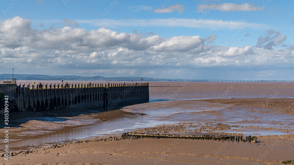 Low tide at the Portishead Pier with the Bristol Channel in the background, seen in Portishead, North Somerset, England, UK