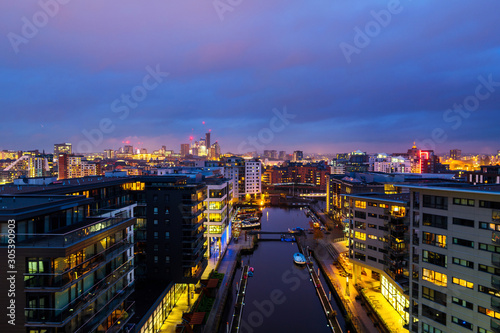 Canvas Print Aerial view of Leeds docks, England, UK during the sunset