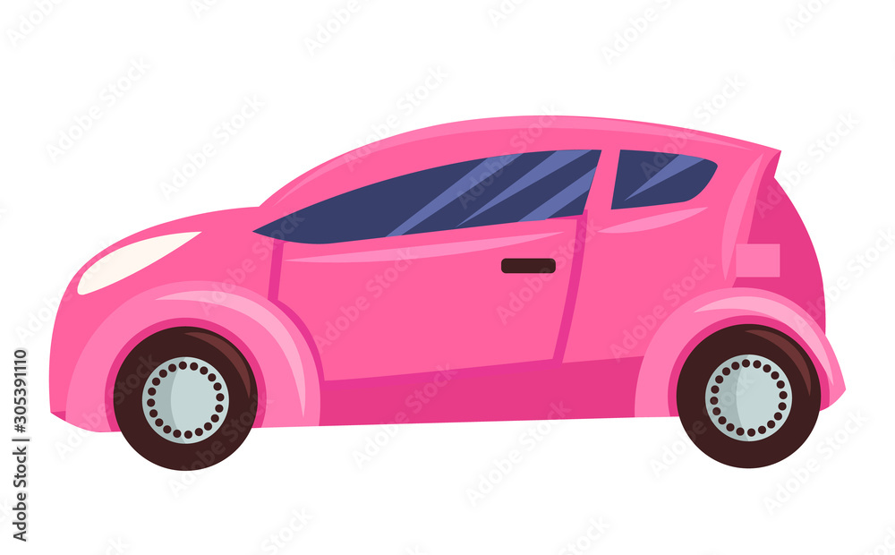 Small car isolated on white background. Pink microcar for girls with toned glasses, three doors and four wheels. Auto to drive and get your destination quickly. Vector illustration in flat style