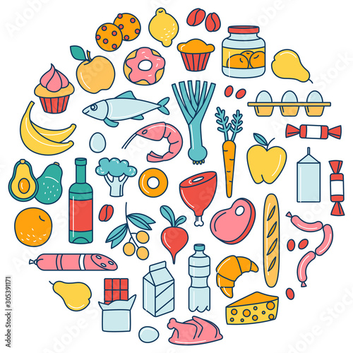 Grosery supermarket goods pattern store food, drinks, vegetables, fruits, fish, meat, dairy, sweets