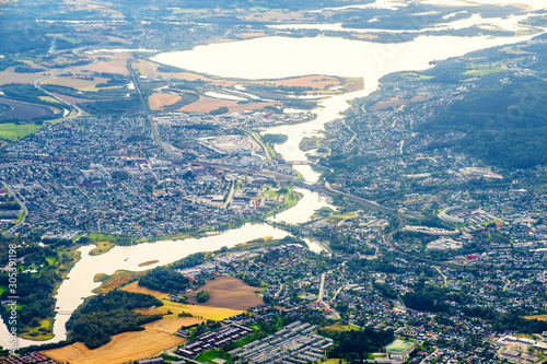 Flying over the Lillestrom city in Norway. Aerial view