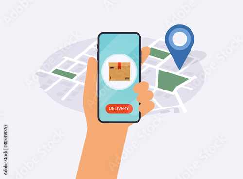 Hand holding mobile smart phone with app delivery tracking. Vector modern flat creative info graphics design on application.