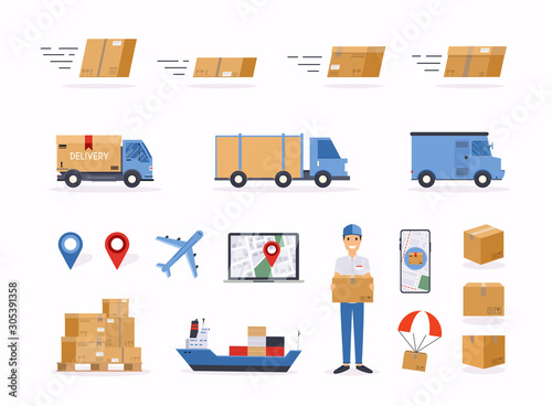 Set of shipping related vector objects. .Delivery man and track.