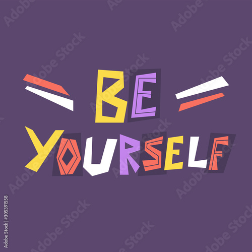 Be Yourself hand drawn lettering. Creative handwritten vector saying isolated on dark background. Sticker typography design. Motivational quote style