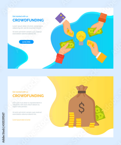 Crowdfunding vector, people giving money, investment and profit. Dollars in hands of investors, bag with cash gold coins and banknotes set. Website or webpage template, landing page flat style