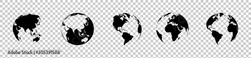 Earth Globes, isolated on transparent background. Five Earth Globes vector icons in a row and modern simple flat style for web design. World Maps for web design. Vector