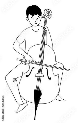 Music lessons cello player student line icon clipart doodles.
