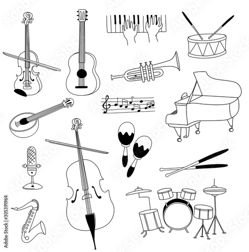 Musical instruments guitar, flute, cello, violin ,saxophone set doodles
