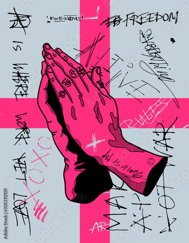 Prayers hands sculpture. Crazy modern pink calligraphy