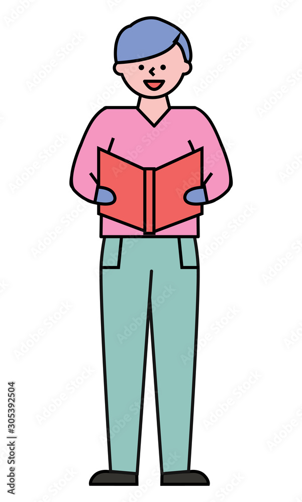Boy standing alone and singing. Young man sing Christmas carol songs or prayer. Guy read text of song from vector red book. Person with blue hair in shirt and pants isolated on white background Boy standing alone and singing. Young man sing Christmas carol songs or prayer. Guy read text of song from vector red book. Person with blue hair in shirt and pants isolated on white background