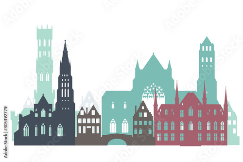 Vector sketch of historic buildings of Bruges (Brugge), Belgium