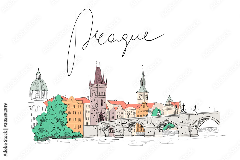 vector sketch of Charles Bridge, Prague, Czech Republic.
