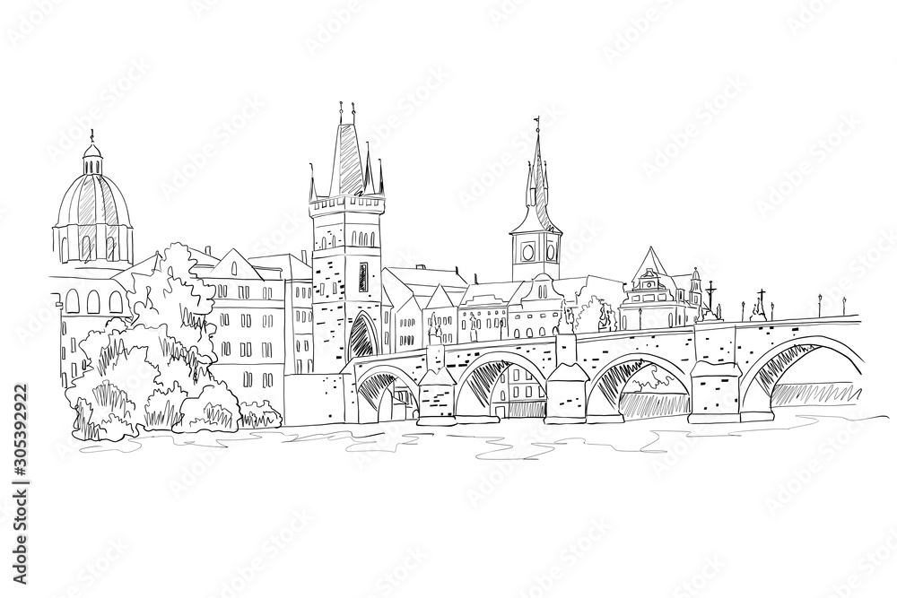 vector sketch of Charles Bridge, Prague, Czech Republic.