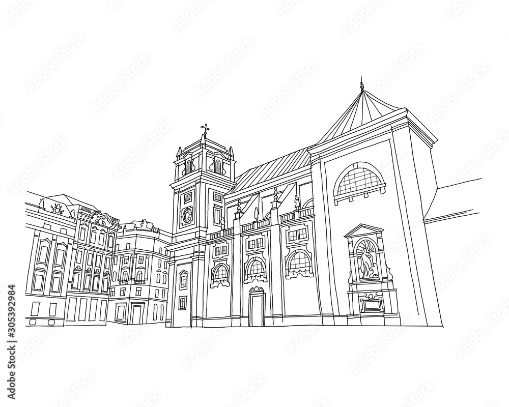 Vector sketch of Scottish Abbey in Vienna, Austria.