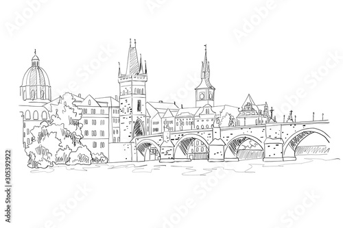 vector sketch of Charles Bridge, Prague, Czech Republic.