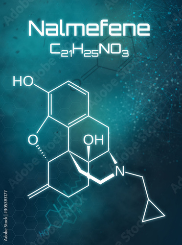 Chemical formula of Nalmefene on a futuristic background photo