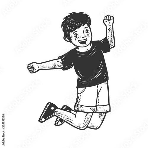 Happy jumping dancing child sketch engraving vector illustration. T-shirt apparel print design. Scratch board style imitation. Black and white hand drawn image.