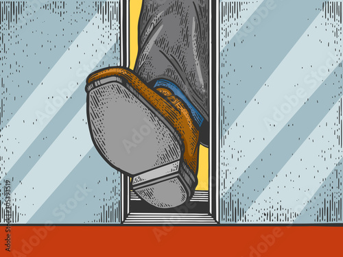 Foot hold closing elevator door sketch engraving vector illustration. T-shirt apparel print design. Scratch board style imitation. Black and white hand drawn image.