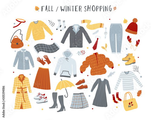 Clothes and outerwear collection, winter and fall fashion, shopping concept illustration. Hand drawn vector poster.