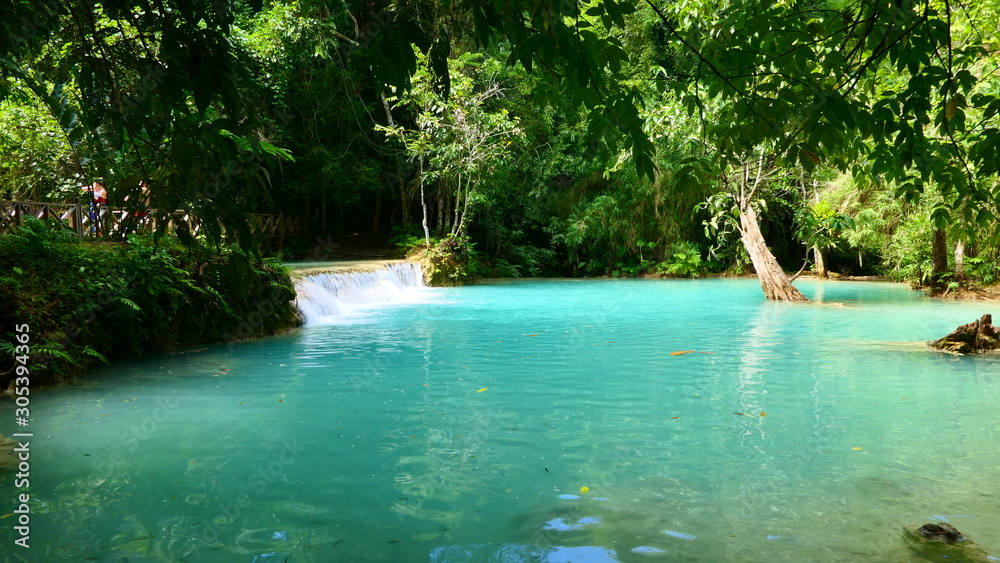 A beautiful view over a small lake within the Kuang Si Falls in Luang Prabang, Laos