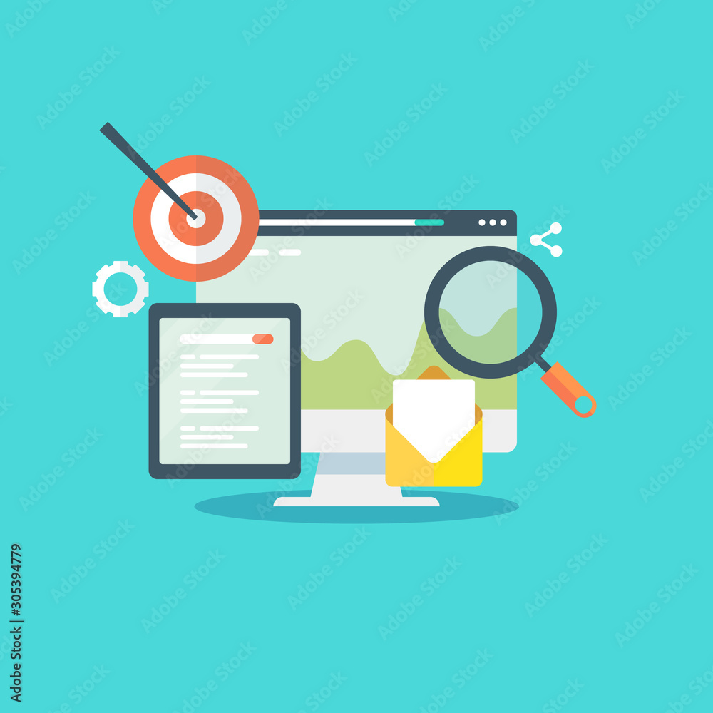 Search optimization, seo, seo targeting, business analysis, seo data concept. Flat design web banner. Search optimization, seo, seo targeting, business analysis, seo data concept. Flat design web banner.