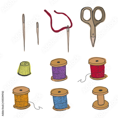 Threads, thimble scissors, needles.