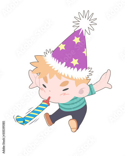 Cute boy blowing party horn cartoon illustration
