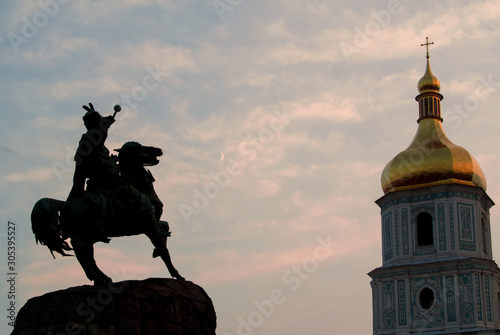 Sofia Cathedral and Monument to Bogdan Khmelnitsky on the sunset in Kyiv