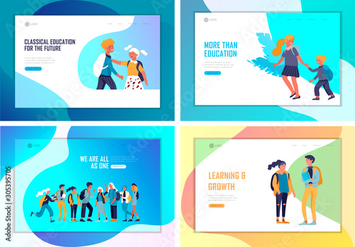 Landing page template with Back to school flat vector illustration. Preteen and teenage schoolkids. Parents with kids, schoolmates, friends cartoon characters. Schoolboys and