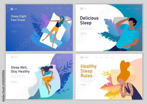Collection of sleeping people character. Family with child are sleep in bed together and alone in various poses, different postures during