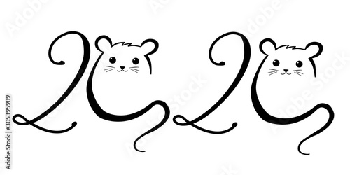 Silhouette of a rat with numbers of the year. Lineart mouse design, rats icons. 2020 new year. Seasonal holiday flyers, greeting cards and invitations, Christmas themed greetings and banners.