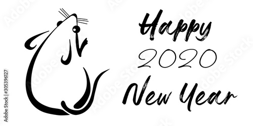 Silhouette of a rat with numbers of the year. Lineart mouse design, rats icons. 2020 new year. Seasonal holiday flyers, greeting cards and invitations, Christmas themed greetings and banners.