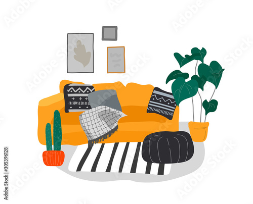 Girl girl sitting and resting on the couch with a cat and coffee. Daily life and everyday routine scene by young woman in scandinavian style cozy interior with homeplants. Cartoon vector