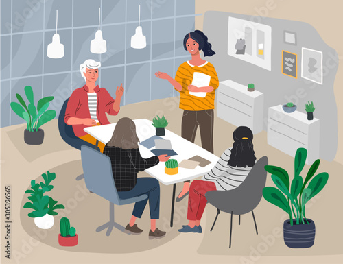 Office or coworking interior workers sitting at desks and communicating, teamwork meeting. Successful team gathering. Group of young people, startup company at workplace. Vector cartoon