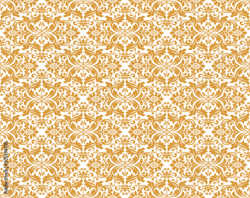 Wallpaper in the style of Baroque. Seamless vector background. White and gold floral ornament. Graphic pattern for fabric, wallpaper, packaging. Ornate Damask flower ornament