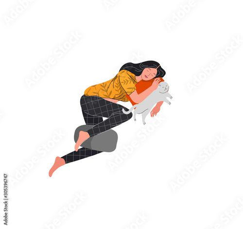 Set of beautiful girl in daily life scenes. Young woman sleeping, relaxes with white cat. Flat cartoon vector