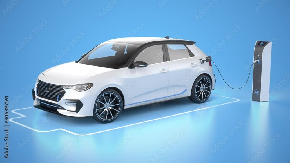 Modern electric self driving car charging in charging station on blue background. Battery graphic shows charging progress. Alternative energy and ecology concept. Realistic high quality 3d animation. Modern electric self driving car charging in charging station on blue background. Battery graphic shows charging progress. Alternative energy and ecology concept. Realistic high quality 3d animation.