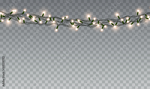 Lights bulbs isolated on transparent background. Glowing yellow Christmas garlands string. Vector New Year party decorations.