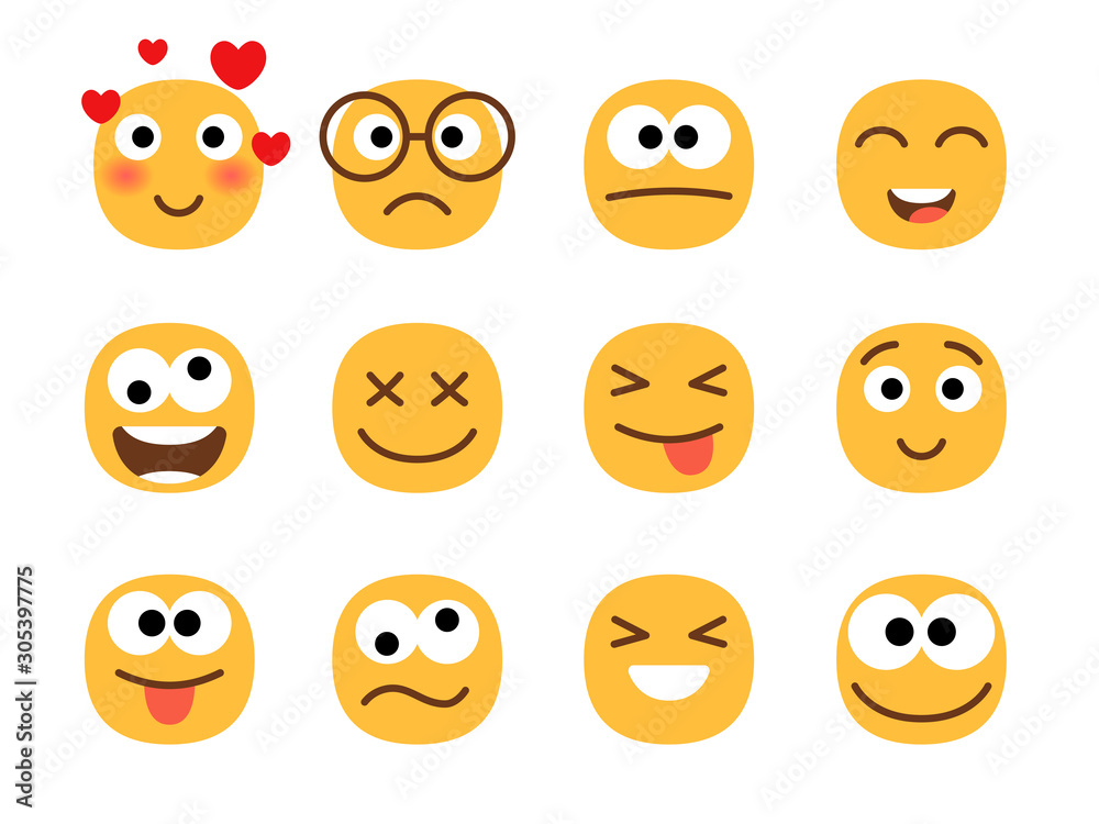 Fun smile emoticons faces. Flat happy and enamored, wonder and laughing ...