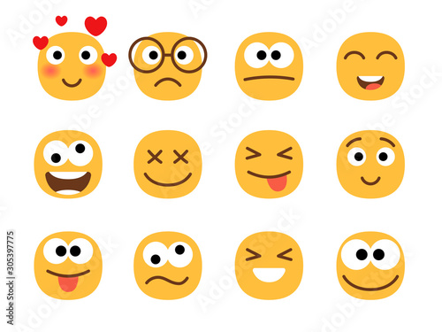 Fun smile emoticons faces. Flat happy and enamored, wonder and laughing, confused and shocked funny emoji face set