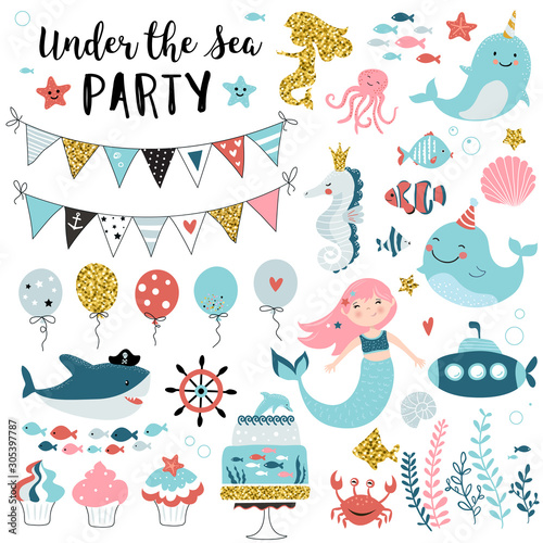 Obraz na płótnie Under the sea party elements for greeting, birthday, invitation, baby shower card